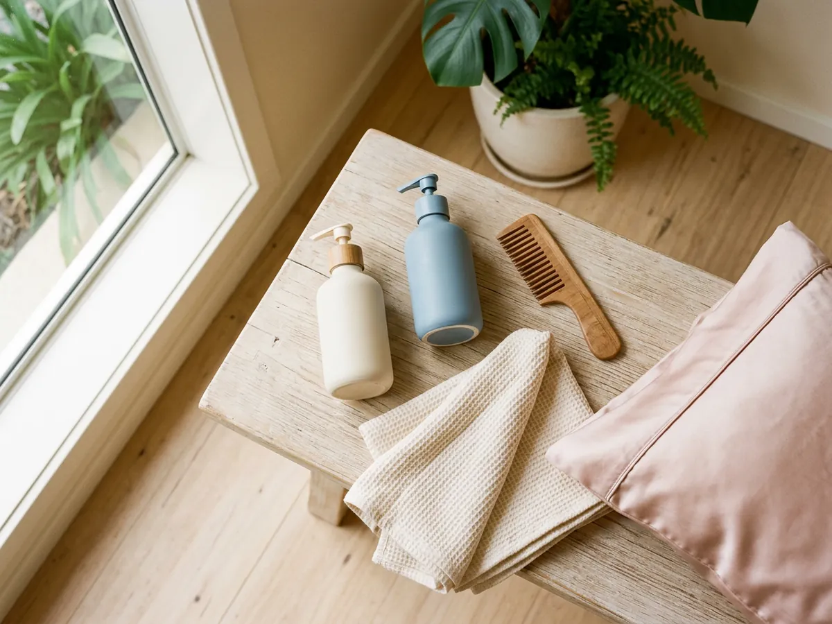Illustration: sulfate-free shampoo, a wide-tooth comb and a silk pillowcase for keratin aftercare
