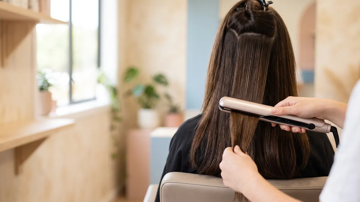 Illustration: a hairdresser sealing a keratin treatment into long dark hair with a flat iron