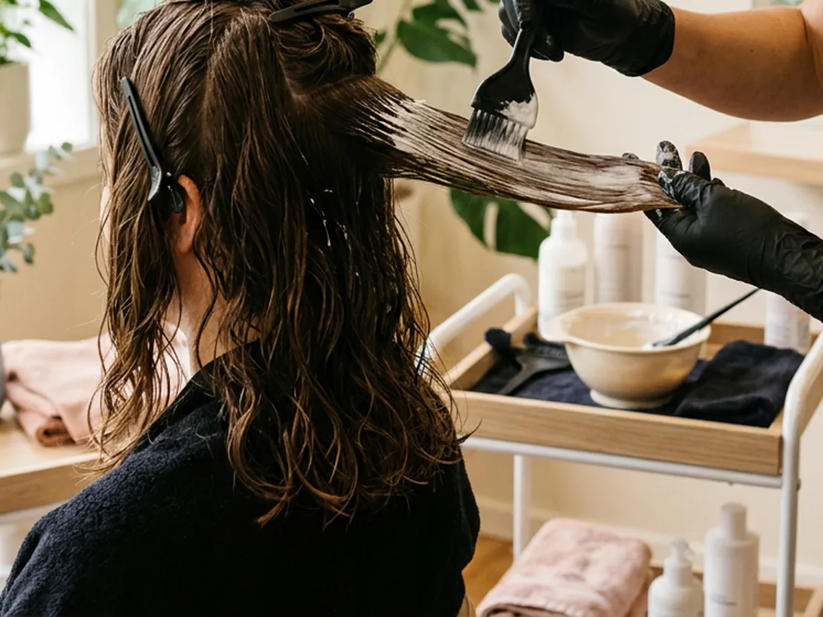 Illustration: keratin formula being brushed onto a section of hair